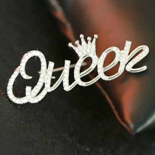 Crystals CZ copper Crown QUEEN metal letters badge pin brooches fashion ornament jewelry accessory