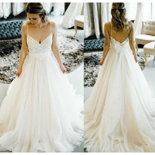 VKBRIDAL Spaghetti Straps Lace Long Wedding Dresses A-Line White Bridal Dresses Open Back Vestido De Noiva Bridal Gowns