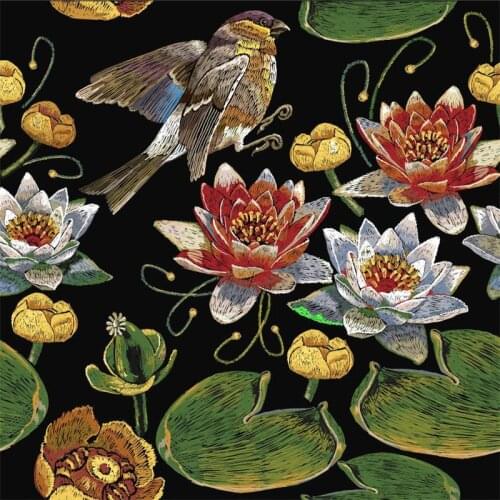 Spandex swimsuit fabric custom bird embroidery image printing high-end flower cloth childrens shirt DIY clothing patchwork