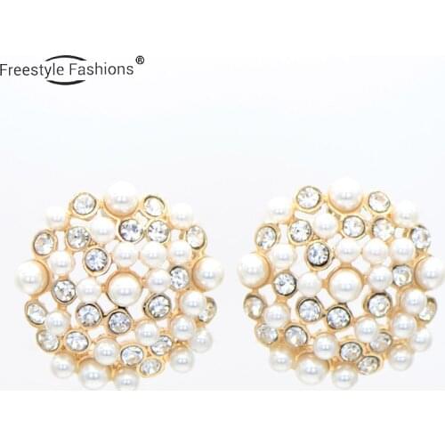 Fashion trendy round glass pearl crystal stud earrings for women