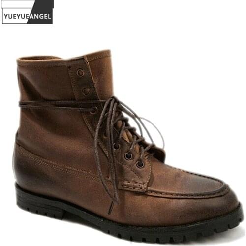 Spring Outside Mens Footwear Work Boots Genuine Leather High Top Shoes Vintage Cowboy Boots Lace Up Platform Ankle Boots Male