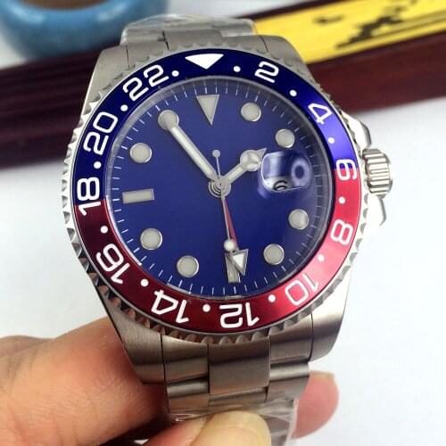 40MM Blue Sterile Dial Sapphire Glass Date Luminous Rotating Bezel Steel Bracelet Red GMT Automatic Movement Mens Watch