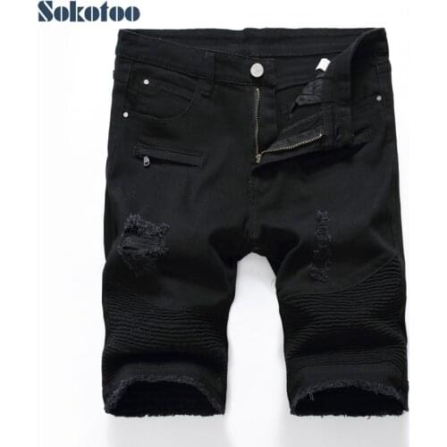 Mens plus size ripped denim shorts Summer holes stretch biker jeans Slim straight knee length Capri Black White Red