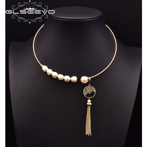 GLSEEVO Natural Pale Baroque Pearl Necklace Geometric Tassel Necklace Female Pendant Wedding Luxury Boutique Gift GN0285A