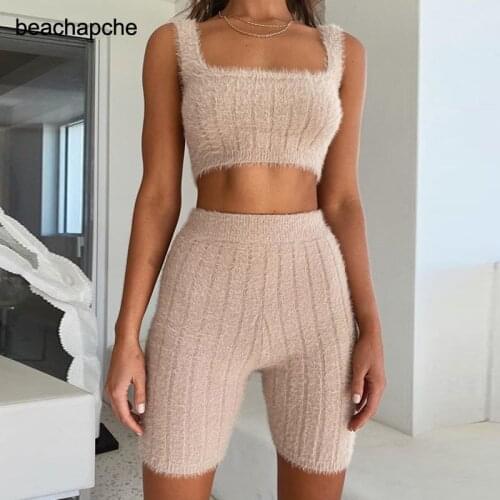 Beachapche Two Piece Pink Knitting Loungewear Set Women Outfits Summer Sleeveless Crop Top Shorts Sets Homewear Casual Clothes