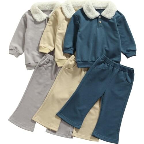 Kids Baby Girls Casual Two-piece Clothes Set, Turn-down Collar Pullover and Elastic Waist Flared Pans, Grey/ Khaki/ Blue 2-6T