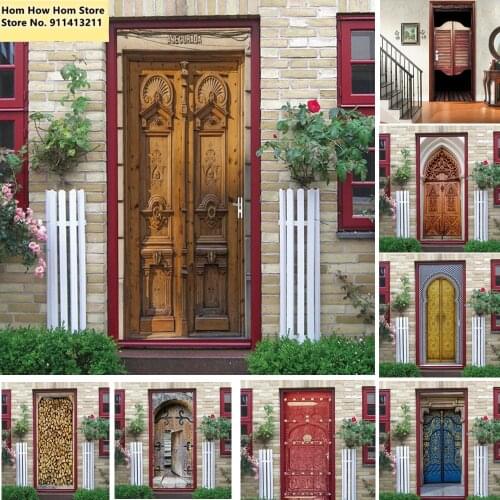 PVC 3D Wallpaper For Doors Living Room Bedroom Home Decor Mural Wall Poster Retro Wooden Door Stickers Self adhesive Door Decals