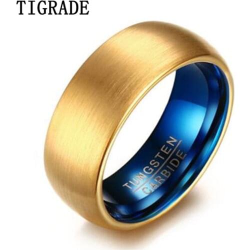 Tigrade Luxury Mens Gold Brushed Tungsten Ring Classical Blue Inside Rings Men Tungsten Jewelry Anniversary Engagement Ring