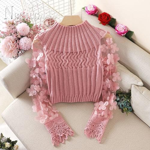 Fairy Flower Puff Sleeve Women Sweater Slim Short Style Patchwork Round Neck Knitting Female Sweaters