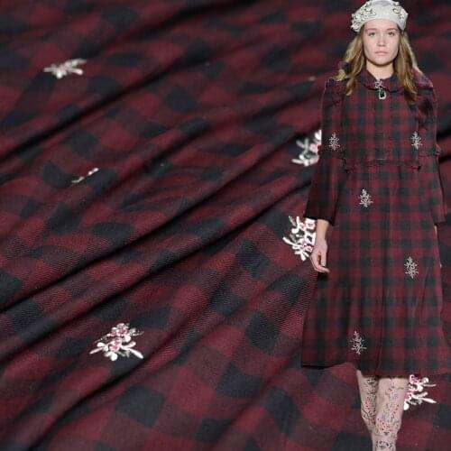 Pearlsilk Red Black Plaid Embroider Flower Cotton Linen Garment Materials Spring Dress DIY clothes fabrics Freeshipping
