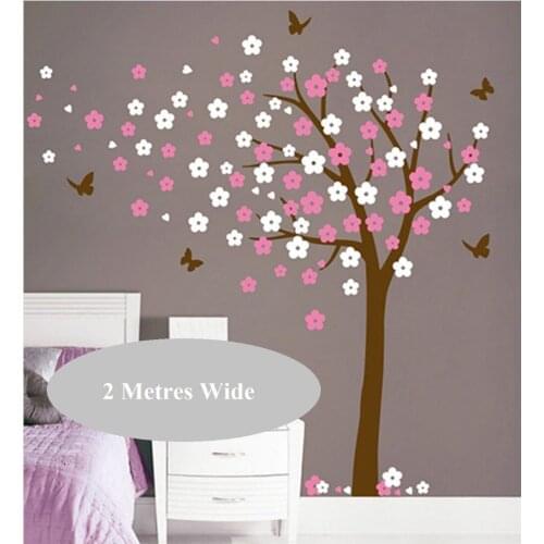 250X240cm Huge Tree Blowing Cherry Blossom Wall Decal Nursery Tree Flowers Butterfly Art Baby Kids Room Wall Sticker Nature D383