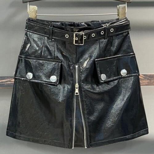 Womens new autumn high waist pocket zipper PU leather skirt high quality a-line