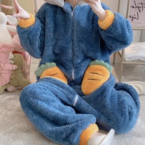 Women Loose Casual Kawaii One-Piece Cartoon Plush Hooded Nightgown Female Animal Sleepwear Winter Zipper Flannel Pajamas Cute