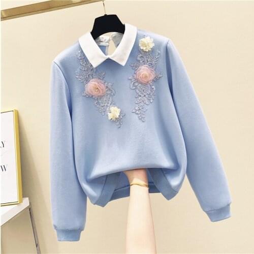 Hoodie Woman Embroidered Three-dimensional Flower Doll Collar Loose Korean Style Sweatshirt Womens 2020 Autumn Pullover Top
