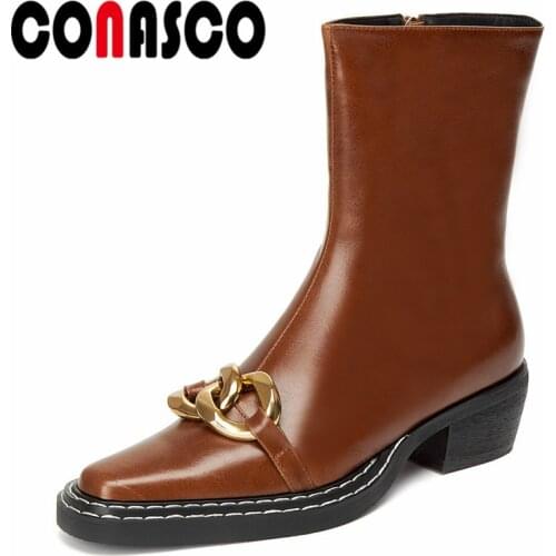 CONASCO Brand Design Women Ankle Boots Autumn Winter Warm Cow Leather Causal Prom Office Lady Working Boots Motorcycle Woman