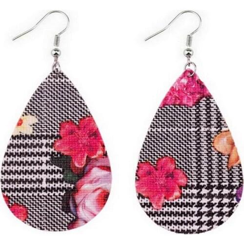ZWPON Fashion Flower Printed PU Leather Teardrop Earrings Flower Pattern Vegan Leather Drop Earrings for Woman Female Jewelry