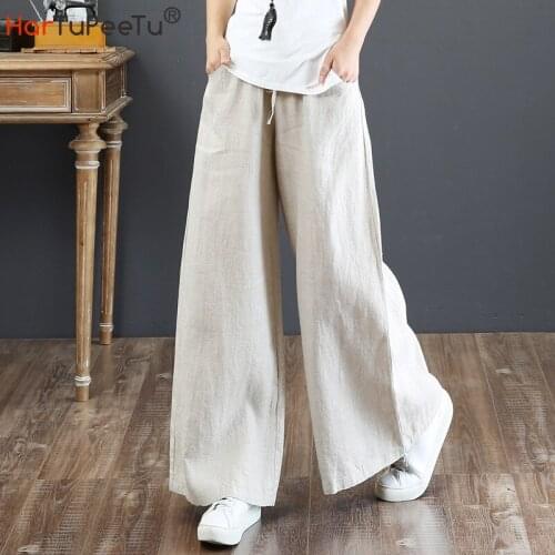 Wide Leg Pants Women Cotton Linen Elastic Lace-Up High Waist 6 Colours 2020 Autumn Loose Casual Plain Long Trouser with Pockets