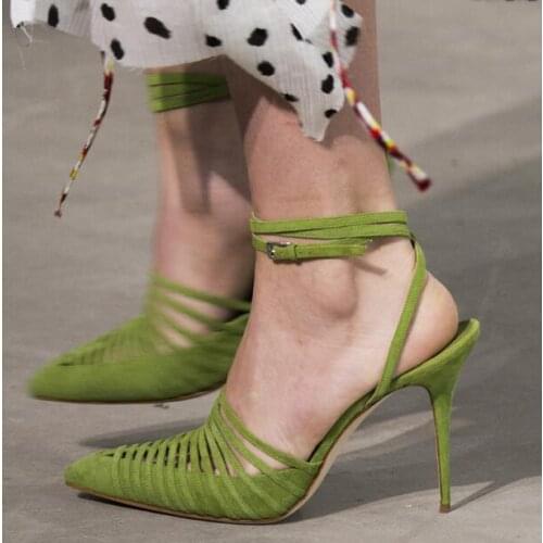 Top New Brand Women Solid Green Black White Suede/Leather Pointed Toe Cuts Out Thin Heels Buckle Strap High Heels Party Pumps