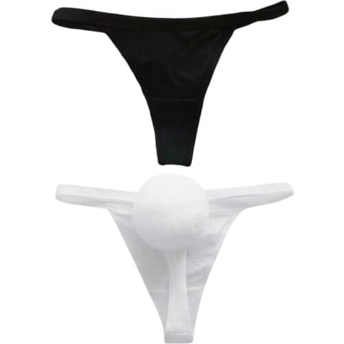 Womens Temptation Cosplay Bunny Girl Underwear Removable Rabbit Hair Pompom Ball Tail G-String Low Waist Cotton Solid Color Loli