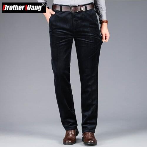 2021 Autumn Winter New Mens Thick Corduroy Straight Casual Pants Business Fashion Stretch Loose High Waist Trousers Male Brand