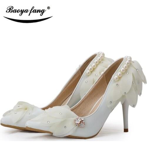 BaoYaFang white/Red flower Womens wedding shoes Bridesmaid lace dress shoes woman pointed toe 8cm low heel Pumps female shoes