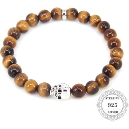 Thomas 5A Tigereye Nature Stone Bracelet with 925 Sterling Silver Skull Bead 0.8CM Width, Women Men Fine Jewelry TS