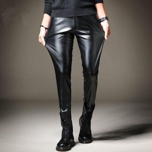 Brand Mens Leather Strech Pants Slim Fit Elastic Style Spring Autumn Fashion PU Leather Trousers Motorcycle Pants Streetwear