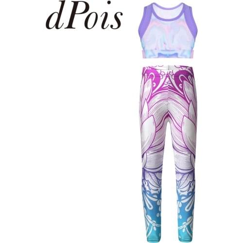 Kids Girls Colorful Tracksuit Sleeveless Sportswear Tie-Dye Tanks Crop Top + 3D Digital Printed Pattern Leggings Child Sets
