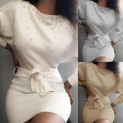 Women Elegant Solid Color Long Puff Sleeve Beads Belt Party Mini Bodycon Dress