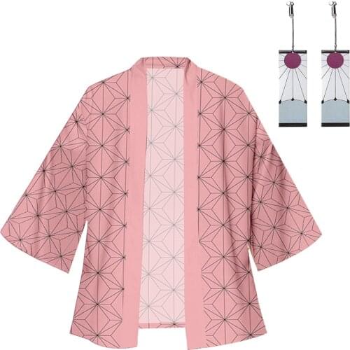 Anime Demon Slayer: Kimetsu no Yaiba Nezuko Kamado Kimono Cardigan Robe Cospaly Costume Print Casual Coat with Earings