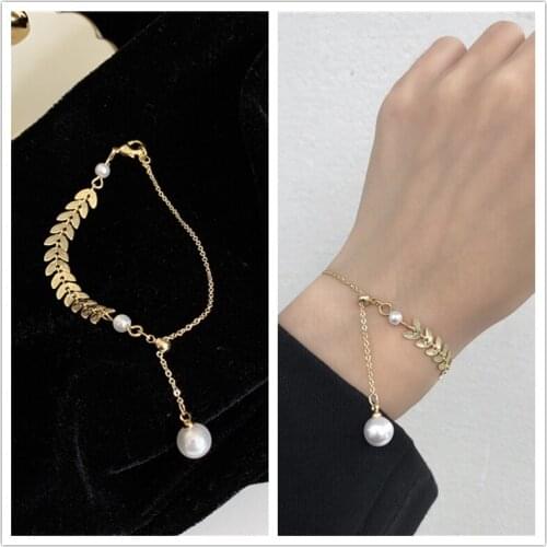 Classic Metal Wheat Ear Leaf Chain Pearl Pendent Bracelet Bangle Korean Wrist Jewelry Bracelets for Women Girls Gift Wholesale