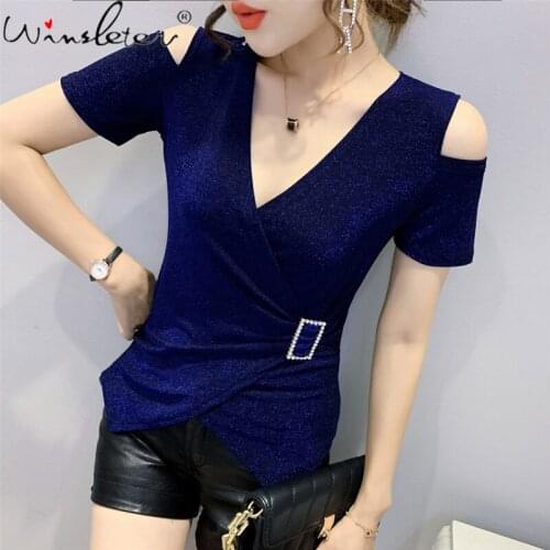 Summer Korean Style T-Shirt Fashion Sexy V-Neck Off Shoulder Shiny Irregularity Women Tops Short Sleeve All Match Tees T15520A