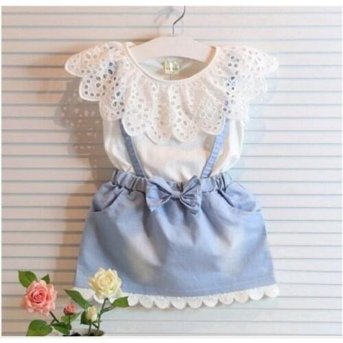 Summer 2 Piece Baby Girl Clothes Set Toddler Kids Sleeveless Ruffle Tops and Denim Tulle Bowknot Princess Dress Outfits