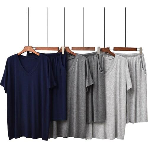 Summer Modal Mens Pajamas V-Neck Solid Sleepwear Casual Loose Elastic Waist Pijamas Plus Size Short Sleeve Shorts Lounge Set