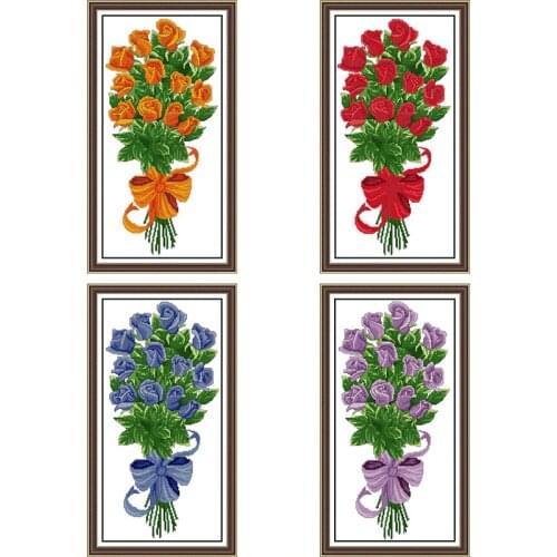 Joy Sunday a bouquet of roses cross stitch kit orange red blue purple rose embroidery needlework set 11CT 14CT home decoration