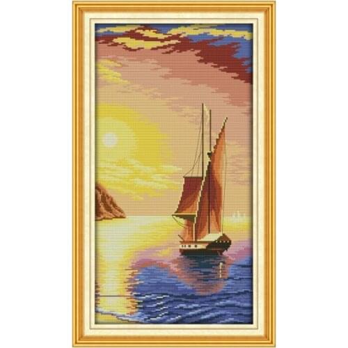The Sailboat In Sunset Stamped Cross Stitch Kits Patterns Counted 11CT 14CT Print Fabric Embroidery Needlework Thread Home Decor