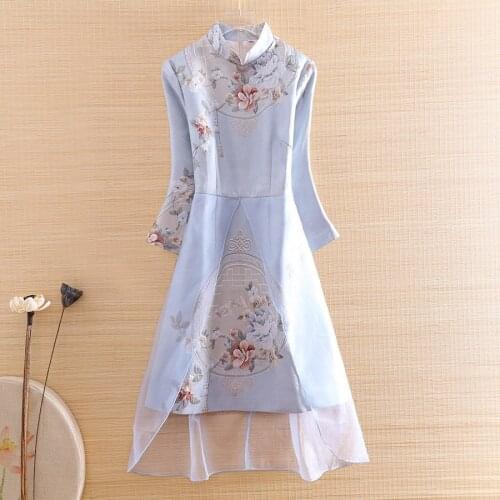 Autumn Women Royal Patchwork Organza Dress Cheongsam Ethnic Style Retro Elegant Jacquard Elegant Lady Party Qipao Dress S-XXL