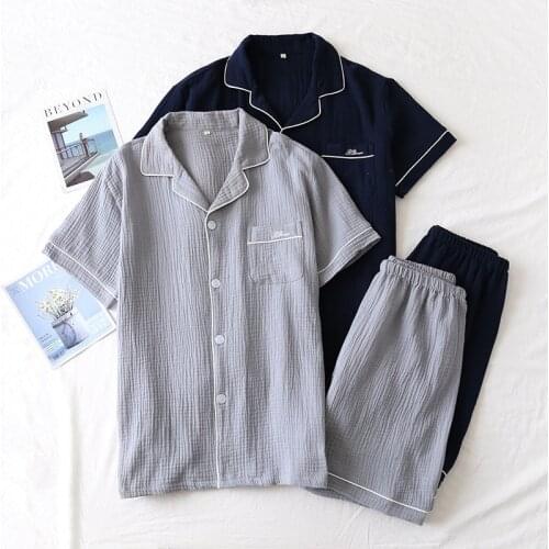 Womens Pajamas Japanese Couple Suits with Shorts Cotton Crepe Solid Color New Simple Sleeve Shirt Short Sleepwear Home Service