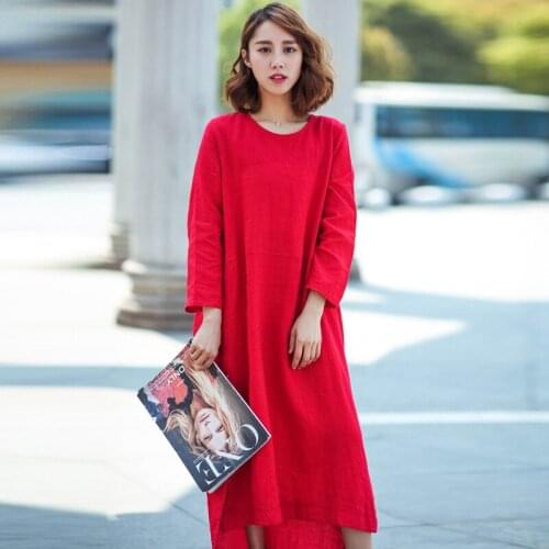2020 Spring Autumn Cotton Linen Long Sleeve Dress Casual O Neck Solid Long Straight Plus Size Loose Slim Beach Vacation Dresses