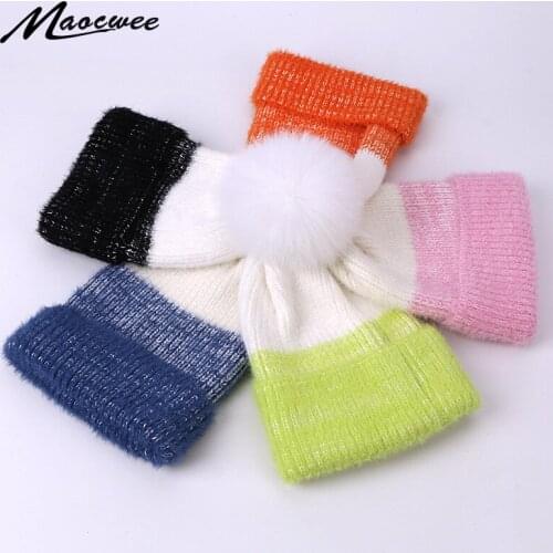 Real Fur PomPon Striped Cap Women Hat Beanies Caps Autumn Winter Warm Knitted Skullies Hats Pure Colour Bone Gorro Outdoor