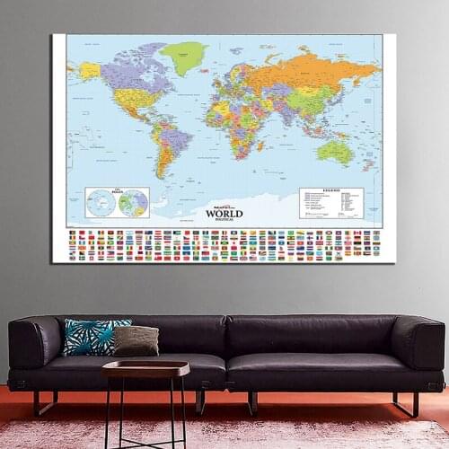 Modern World Map with National Flags Wall Hanging Tapestry Non-woven Canvas Painting Home Decorative Art Posters 150*100cm