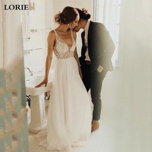 LORIE A Line Boho Wedding Dress With Pearls Bride Dress 2020 Backless Princess Long Boho Floor Length Wedding Gown