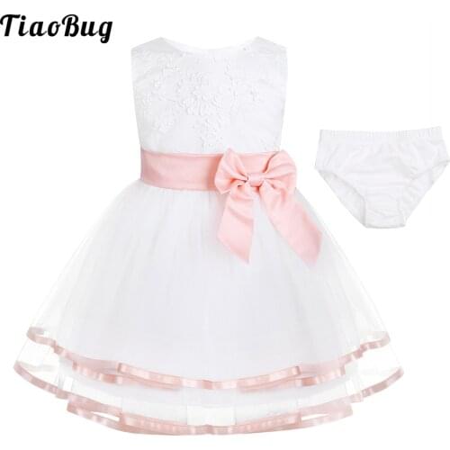 TiaoBug Infant Baby Girls Embroidered Sleeveless 3D Flower Girl Dress Princess Pageant Wedding Party Dress With Bloomers Set