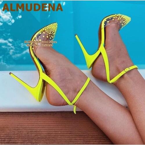 ALMUDENA Bling Bling Crystal Wedding Shoes Neon Yellow High Heel Slingback Dress Pumps Transparent PVC Gladiator Shoes Size43