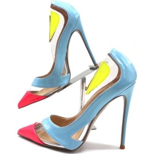 Chic Ladies Blue Peach Pink Patchwork PVC High Heels Wedding Party Stiletto Pumps Pointed Toe Woman Thin Heels Low Cut Pumps
