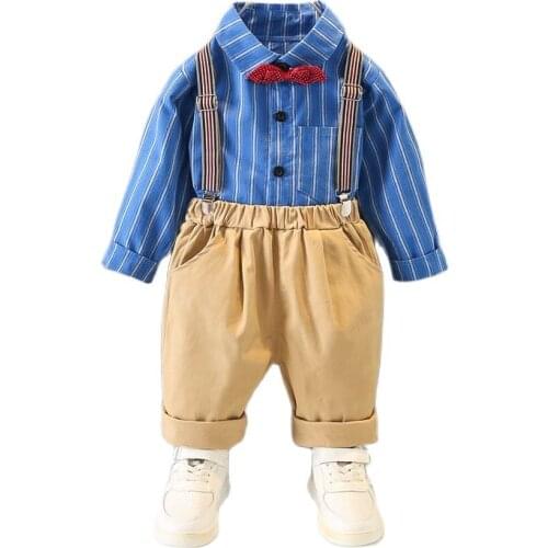 Spring And Autumn Childrens Suit 2021 New Boys And Girls Striped Bow Tie Shirt Bib Casual Two-piece Suit 0-3 Year