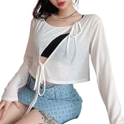 2021 Fashion Sexy Hollow Out Tie-Up T-Shirt Women Long Sleeve O Neck Solid Loose Crop Top Holiday Spring Autumn Casual Short Tee
