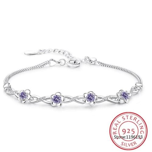 Luxury Crystal Plum Flower Bracelets 925 Sterling Silver Box Chain Womens Bracelets Pulseira De Prata Wedding Jewelry
