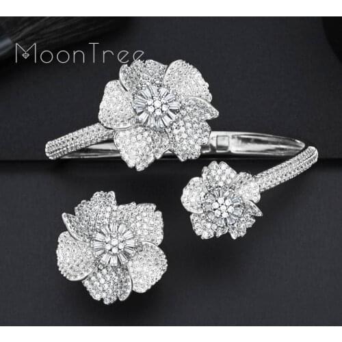 ModemAnge Elegant Flower Wheel Full Micro Paved Full Cubic Zircon Copper Women Bracelet Bangle Ring Jewelry Set