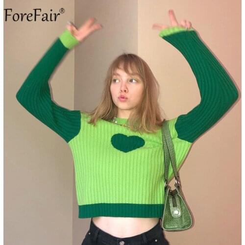 Forefair 2021 Heart Print Knitted Sweater Crop Top Autumn Winter Green Long Sleeve Patchwork O Neck Women Casual Y2k Pullovers